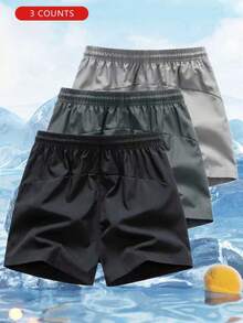 Set de 3 pantalones cortos deportivos de verano para niños, de unicolor, transpirables y cómodos para actividades al aire libre - Gris Oscuro - Ver 2