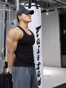 Tank Top Pria Musim Panas Elastis Slim Fit Cepat Kering Bergaris untuk Kebugaran, Bola Basket, dan Latihan - Hitam - View 4