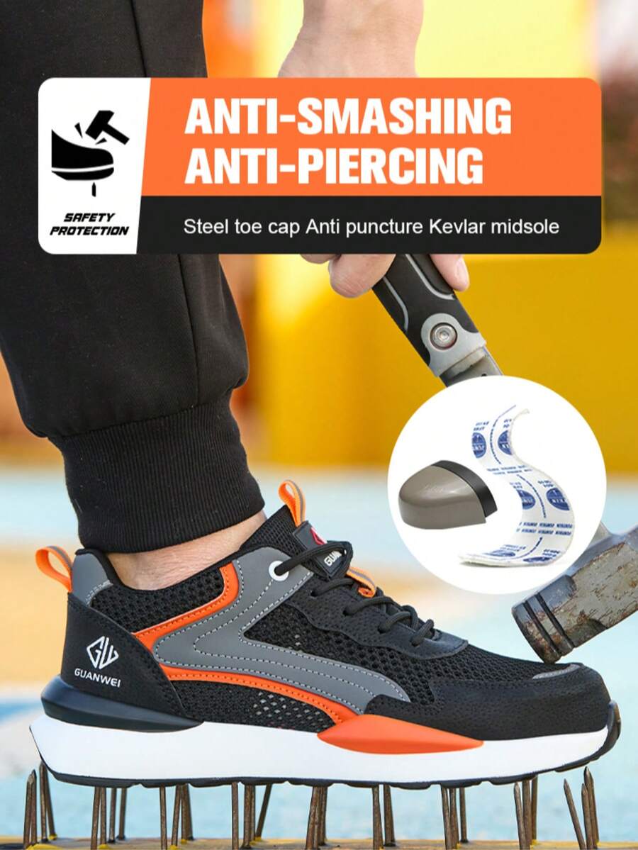 Men's Work Safety Shoes, Lace-Up New Work Shoes, Anti-Slip Sole, Comfortable Breathable Industrial Construction Protective Shoes, Men's Labor Protection Shoes, Spring/Summer/Autumn - Black and Orange - View 1