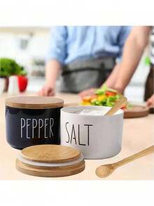 1 Set Ceramic Salt & Pepper Bowls, 2 Compartments, Lid Salt Container, Stackable, Black & White Color, Salt & Pepper Set, Salt Bowl, Pepper Bowl, 2 Wooden Lids, Small Plate, Kitchen Decor, Kitchen Utensils - MultiWarna - View 3