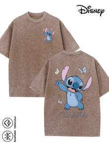 Disney-Licensed Men's Cotton T-Shirt For The 2026 Family Holiday. Featuring A Stitch Motif, Washed Crew Neck, Soft And Comfortable Feel, Easy Care And Suitable For Various Occasions Such As Holidays, Everyday Life And Commuting – Full Of Festive Spirit. - 咖啡棕 - 查看 1