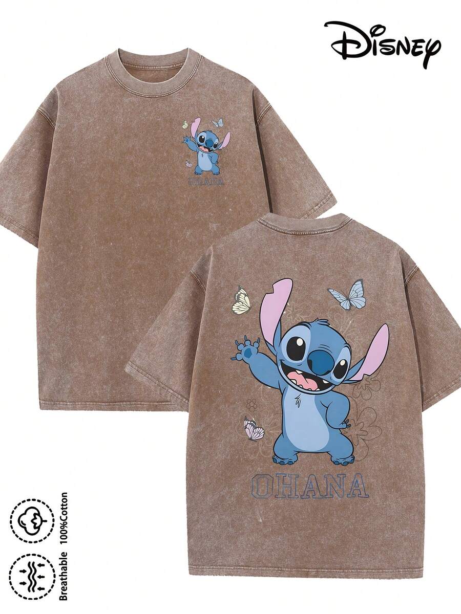 Disney-Licensed Men's Cotton T-Shirt For The 2026 Family Holiday. Featuring A Stitch Motif, Washed Crew Neck, Soft And Comfortable Feel, Easy Care And Suitable For Various Occasions Such As Holidays, Everyday Life And Commuting – Full Of Festive Spirit. - 咖啡棕 - 查看 1