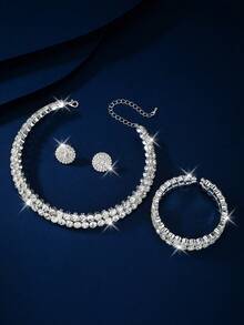 三件套时尚性感全镶钻多层项链、耳环、手链，新娘首饰套装，短款项链，圣诞礼物 - 彩色 - 查看 9