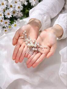 1pc Handmade Pearl & Crystal Hair Comb, Bridal Hair Accessory - Silver - View 2