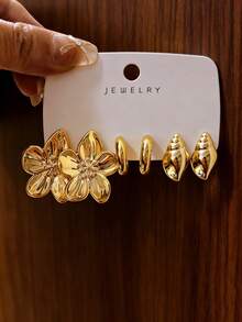 2-8 pares de pendientes dorados con relieve para mujeres, que golpean directamente el punto estético - patrón de concha, flores retorcidas, pliegues metálicos, cada par viene con un filtro lujoso... Excelente calidad, que combina bien con abrigos y suéteres, de moda y versátil - Dorado - Ver 3