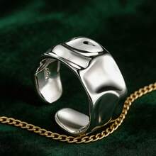 不对称凹凸面宽边女士戒指，镀金/镀银，独特波纹设计开口戒指 - 彩色 - 查看 1