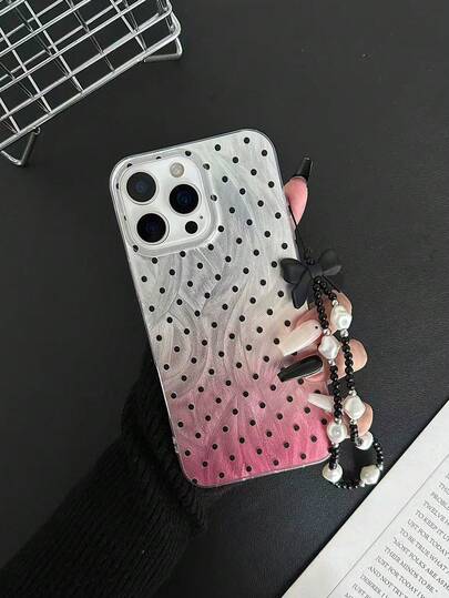 Polka Dot Painted New Large Hole Feather Chiffon IMD Gradient PC+TPU Integrated Glossy Painted Anti-Drop Phone Case, With Beaded Bracelet Accessory, Compatible With IPhone17pro/17Air /17/17promax 16/11/16pro/16plus/16promax/16e/15Promax/13/14/12/XS/XR/7G/8P, Compatible With Samsung Galaxy 11/12Pro/12/12X/13Pro/14Pro/15Pro/, Compatible With 10/9/Note9/12c/Note11pro/Note8Pro