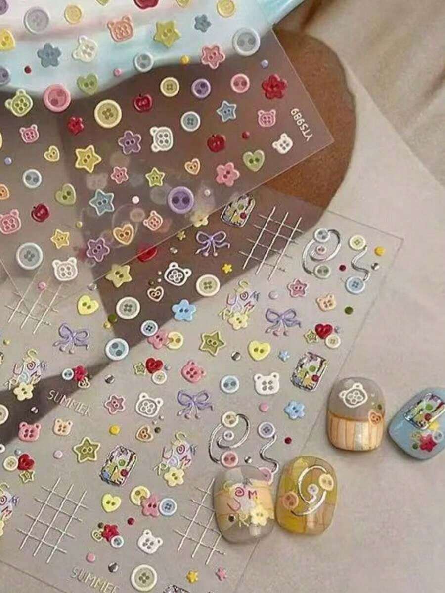 1pc Colorful Button Bow Nail Art Stickers, Ins Style Girly Handmade Decorative DIY Waterproof Self-Adhesive Stickers, Nail Salon Supplies, Cute Dopamine Stickers Nails - 彩色 - 查看 1