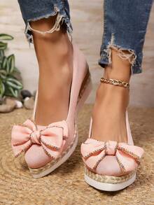 优雅甜美坡跟一脚蹬女鞋，低鞋面蝴蝶结亚麻休闲时尚鞋，适合春秋季户外穿着 - 粉色 - 查看 10
