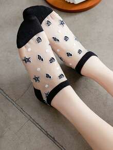 6 Pairs Women's Thin Crystal Silk Socks, Korean Fashion Starfish Beach Vacation Style Boat Socks, Summer - Multicolor - View 6