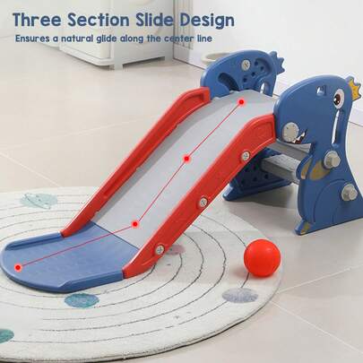 Kids Foldable Dinosaur Slide Indoor Play Centre With Basketball Hoop & Stairs Indoor Slide, Easy To Assemble, Dinosaur-Shaped Foldable Slide, With Basketball Hoop And Stairs, Blue.