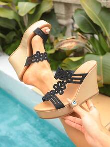 2026 Summer New High Heel Wedge Slippers Women, Thick Sole Fashion Outdoor Rhinestone Sandals - Black - View 2