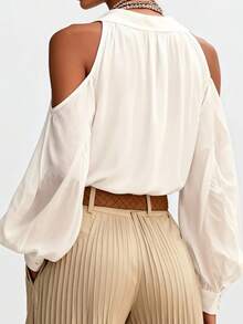 优雅舒适的白色立领灯笼袖露肩上衣，春夏款 - 白色 - 查看 2
