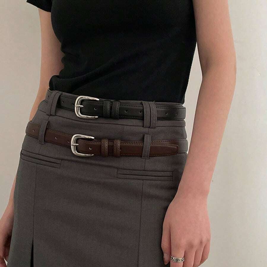 Women's Simple Yet Elegant Shiny Silver Buckle Leather Belt, Decorative For Students And Youth, Korean Style Fall, Autumn, Halloween - 咖啡 - 查看 1