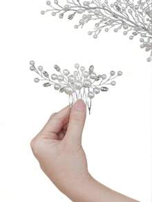 1pc Handmade Pearl & Crystal Hair Comb, Bridal Hair Accessory - Silver - View 7