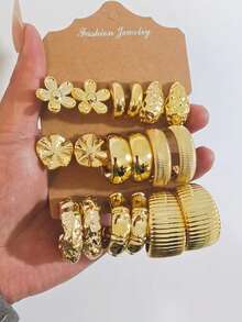 Set de 6/18 pendientes en forma de C con flores eternas exageradas, pendientes de moda adecuados para uso diario y vacaciones, hechos de resina ABS con chapado en oro UV, no se desvanecen - Dorado - Ver 8