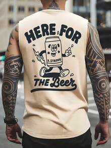 Casual Street Style | Men's Summer Sleeveless Tank Top | Cartoon Beer Can Print & "Here For The Beer" Text - Apricot - View 3