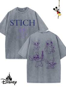 Disney-Licensed Men's Cotton T-Shirt For The 2026 Family Holiday. Featuring A Stitch Motif, Washed Crew Neck, Soft And Comfortable Feel, Easy Care And Suitable For Various Occasions Such As Holidays, Everyday Life And Commuting – Full Of Festive Spirit. - 灰色 - 查看 1