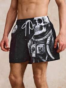 1 chiếc quần short nam phong cách đường phố tối giản, thiết kế họa tiết, thích hợp cho mùa hè. - màu đen - Xem 5