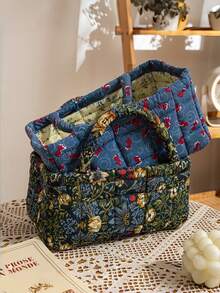 1 pieza Cesta de almacenamiento con patrón floral práctica, cesta organizadora multiusos para juguetes, ropa, cosméticos, decoración del hogar, cesta de picnic portátil, artículo popular para el Día de San Valentín - Multicolor - Ver 3