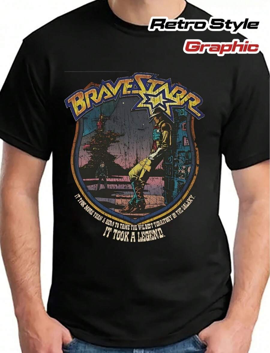 Men's BraveStarr The Legend 1988 Retro Anime T-Shirt - Vintage 80s Graphic Tee With Iconic Logo & Character Art, Yellow Casual & Cosplay Shirt For 80s Nostalgia Fans, BMK03065 (Machine Washable) - màu đen - Xem 1