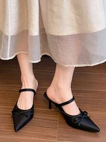 女士高跟尖头春夏新款闭趾凉鞋，咖啡棕色高跟闭趾穆勒鞋，蝴蝶结搭扣，办公室无后跟套脚高跟穆勒鞋 - 黑色 - 查看 4