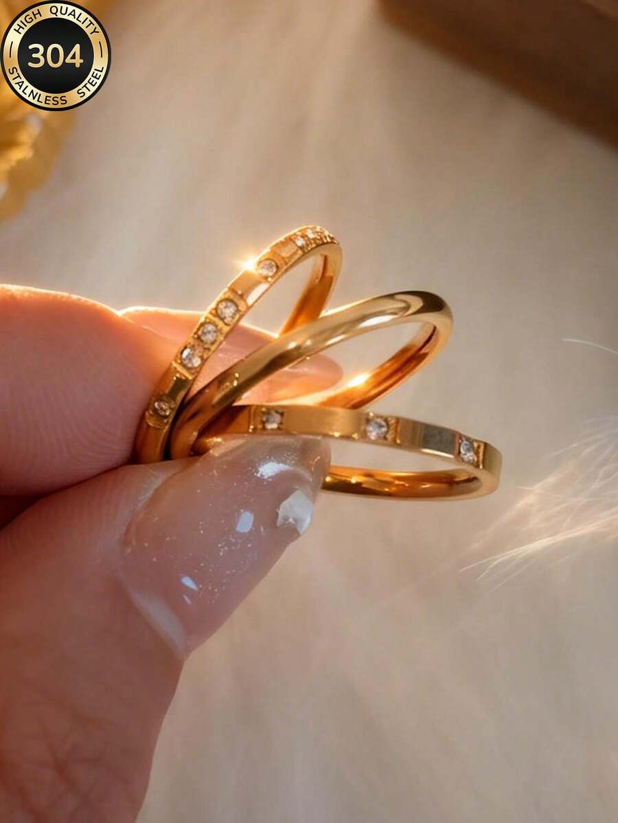 Nhẫn vuông vàng 14K đính 3 và 8 viên kim cương, kiểu dáng thời trang và sáng tạo, chất liệu thép không gỉ chống nước, không phai màu, thích hợp đeo hàng ngày, dự tiệc, làm quà tặng Ngày của Mẹ. - Vàng 2 - Xem 1