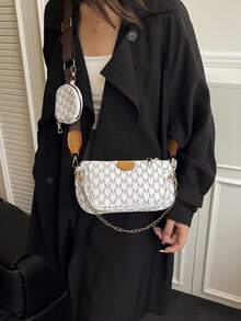 Spring New Letter Print Wide Strap Shoulder Bag, Retro Minimalist Fashion Chain Crossbody Bag 3-Piece Set - White - View 5