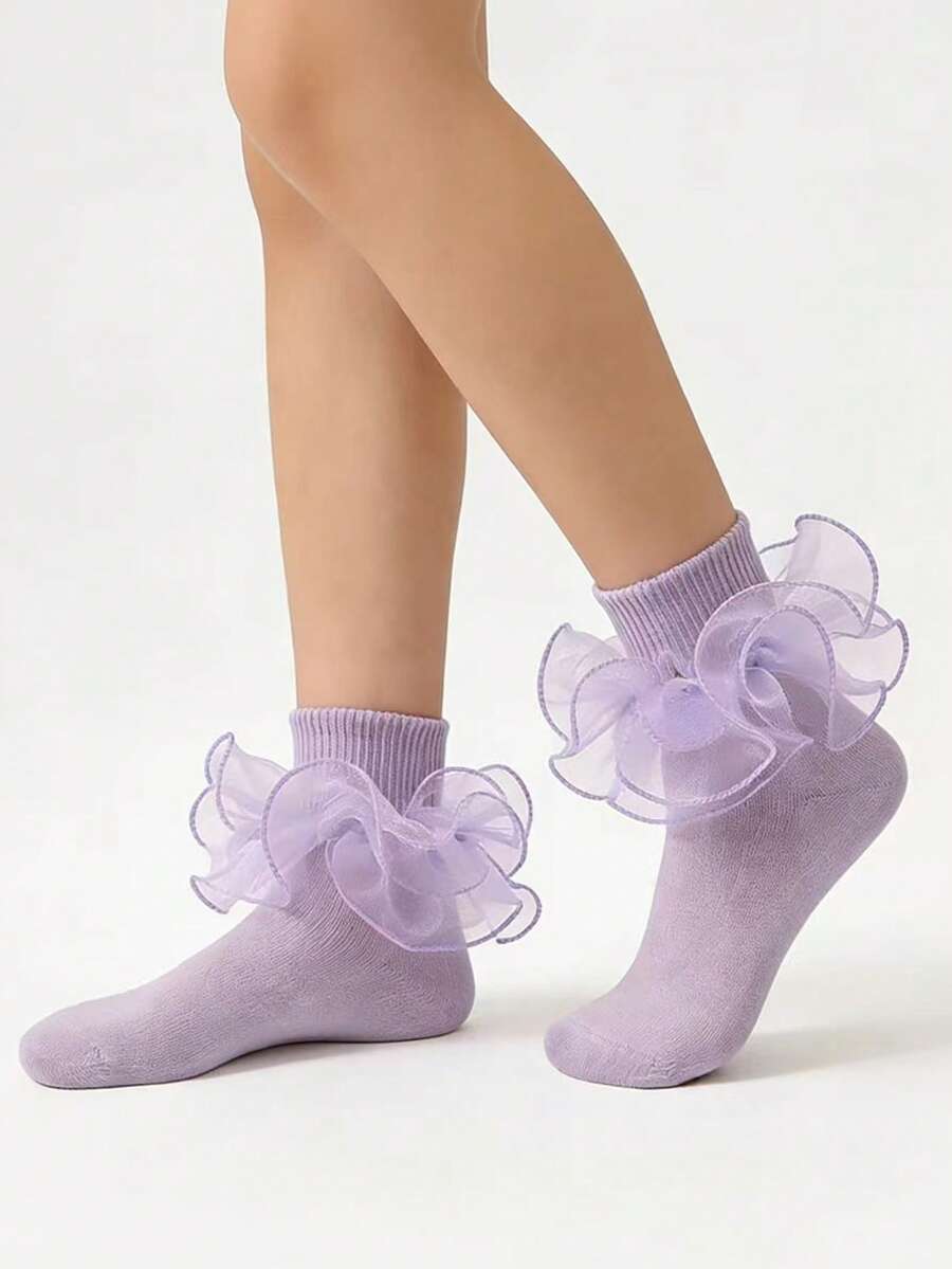 1 par de calcetines de princesa con volantes y fruncidos de color lavanda para niñas/niños, para uso en fiestas - Lila Púrpura - Ver 1
