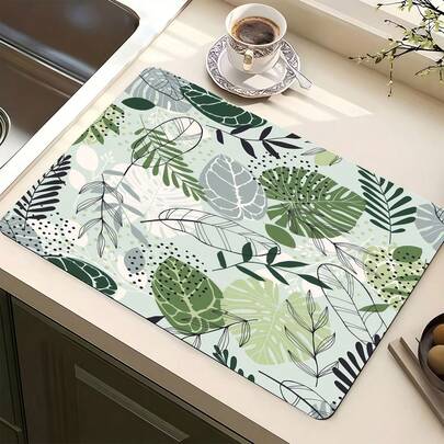 1pc Mint Green Leaf Pattern Absorbent Non-Slip Kitchen Counter Mat, Heat Resistant Countertop Decoration For Coffee Bar