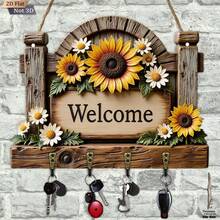 1pc Sunflower Countryside Style Wooden Key Holder Hook, Includes 4 Metal Hooks For Self-Installation, Wall Decor, Porch Decor, Room Decor, Villa Decor, Seasonal Home Decor - Nhiều màu - Xem 3