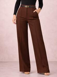 Women's Tailored Pants With Belt Pockets Formal Pantaloons Simple Elegant Composite Fabric Zipper Pocket With Belt Women's Winter - 鏽棕色 - 查看 2