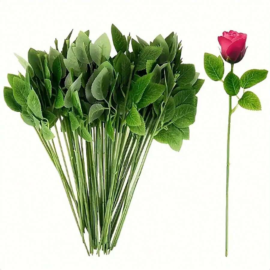 30支13英寸人造玫瑰花茎带叶，仿真花茎，合成绿叶，花卉装饰用品，DIY人造花材料，适用于花束、婚礼、派对