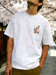 男士东方绘画花卉印花休闲圆领短袖上衣 - 白色 - 查看 5