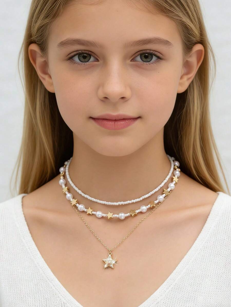3pcs/Set Girls' Bohemian Star & Pearl Beaded Necklace Set - Multicolor - View 1