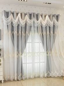 1片装豪华双层刺绣遮光窗帘，黑色底，饰以3D立体花卉图案，成品窗帘，适用于客厅、卧室窗户。 - 彩色 - 查看 9