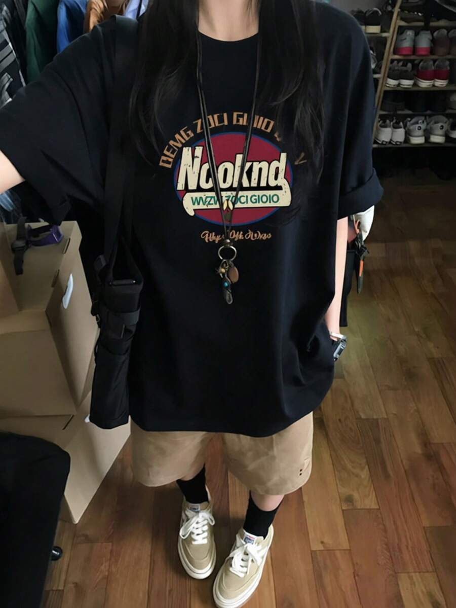 Women's Round Neck Short Sleeve T-Shirt, Summer New Letter Print, Fashion Casual Versatile Loose Top - Black - View 1