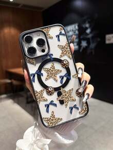 豹纹、星星、蓝色蝴蝶结印花黑色磁吸指环手机壳，兼容三星S24/S25/S23 S系列和A55/A15/A15 A系列、17、16 Pro Max、14/13、12、11 Pro Max、XS Max、X、XR、8、7、Plus、Mini，适合作为生日礼物，送给女朋友、男朋友或自用。 - 彩色 - 查看 3