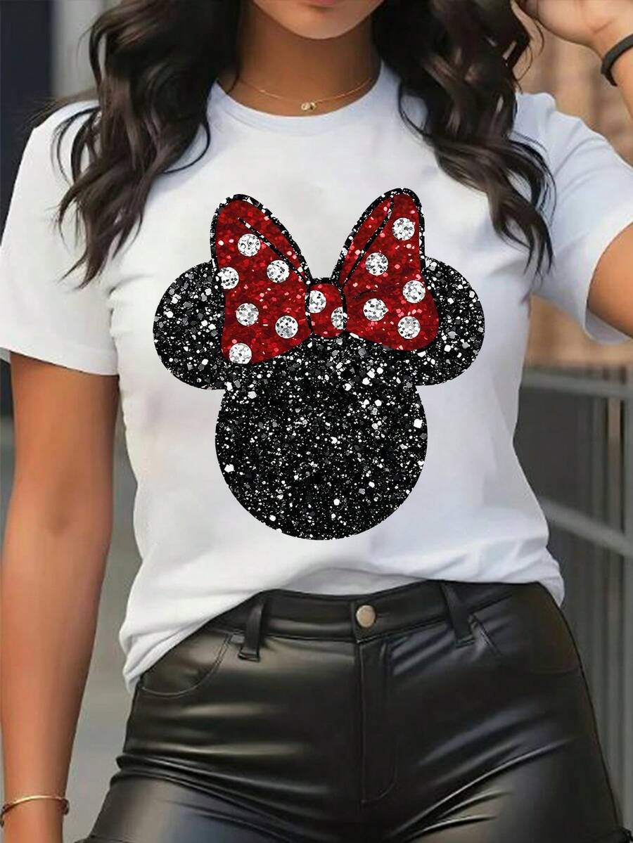 Disney Licensed Women'S Popular Item Featuring A Minnie Mouse Print With A Red Bow, Shiny Polka Dots, And A Black Plush Texture. This Printed Short-Sleeve Round-Neck T-Shirt Is Stylish, Comfortable, And Versatile, Perfect For Casual Wear In Spring - White - View 1
