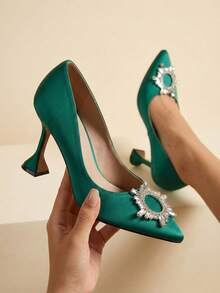 Women's Sparkling Rhinestone Satin Pumps - 3.5 Inch Pointed Toe High Heels - Green - màu xanh lá - Xem 2