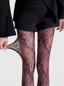 ROMWE Kawaii Floral High Elasticity Hollow Out Sexy Fishnet Tights, Suitable For Women's Daily Wear - màu đen - Xem 1