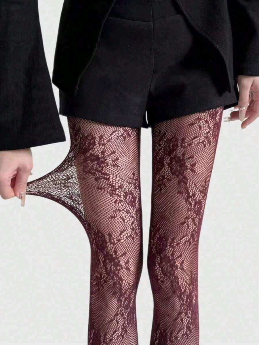 ROMWE Kawaii Floral High Elasticity Hollow Out Sexy Fishnet Tights, Suitable For Women's Daily Wear - màu đen - Xem 1