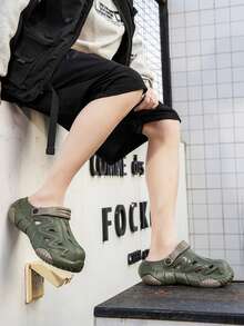 Men's Flame Pattern Sandals - Thick Sole Elevated Slide Sandals With Adjustable Heel Strap, Casual Beach & Outdoor Wear - Dark Green - View 2