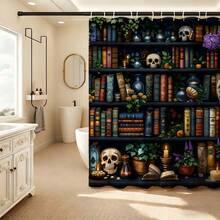 神秘魔法书架骷髅头浴帘，防水防霉涤纶材质，适用于浴室装饰，暗黑哥特风浴室配件，带挂钩，加厚隐私帘，适用于淋浴房和浴缸，易于安装、清洁、快干，浴室隔断帘，适用于家庭、酒店、公寓、水疗中心，时尚女巫图案浴帘，不褪色防水浴室帘，必备淋浴配件 - 黑色 - 查看 8