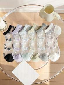 6 Pairs Women's Thin Crystal Silk Socks, Korean Fashion Starfish Beach Vacation Style Boat Socks, Summer - Multicolor - View 4