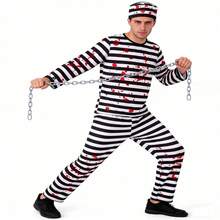 1 Set Men's Halloween Striped Prisoner Costume With Bloody Chain, Hat, Suitable For Children Zombie Cosplay, Includes Top, Pants, Hat, Chain - Multicolor - View 5