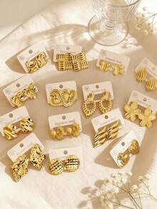 优雅女士耳环套装，可选4件套、12件套或24件套，采用18K镀金不锈钢材质，适合日常佩戴和节日派对。耳环套装，夏季耳环，蝴蝶耳环。 - 金色 - 查看 3