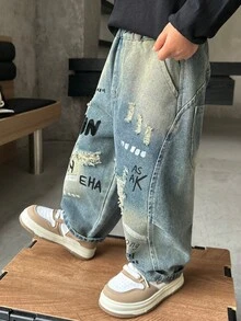 男童宽松直筒牛仔裤，适合休闲、上学、户外活动，秋季穿着。 - 藍色 - 查看 5