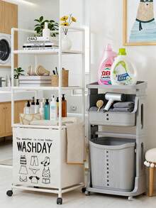 1pcMultifunctional Laundry Cart With Wheels | 3-Tier Storage Shelf & Removable Laundry Basket | Rolling Organizer For Bathroom, Laundry Room, Bedroom - Multicolor - View 1