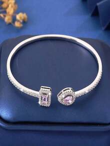 1pc Fashion Square Cubic Zirconia Decorative Bangle Bracelet, Blue/Silver Color, Suitable For Women Everyday Wear - Hồng - Xem 13
